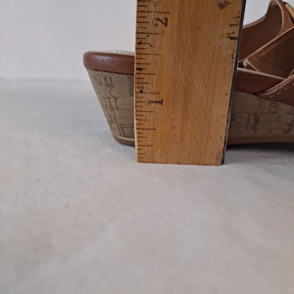 Impo Ronette Slide Sandals Women's 7.5 Brown Gold Circle Cork Wedge Heel